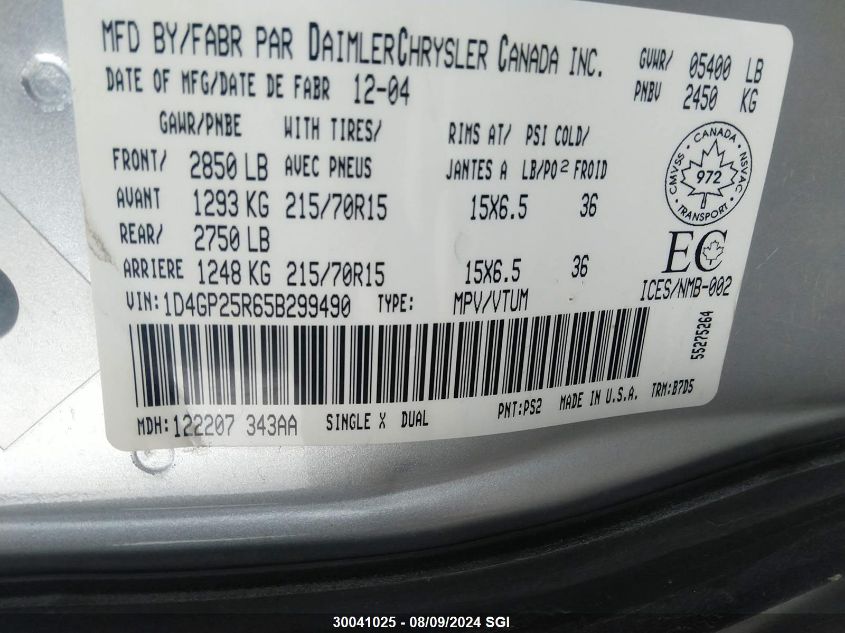 2005 Dodge Caravan Se VIN: 1D4GP25R65B299490 Lot: 30041025