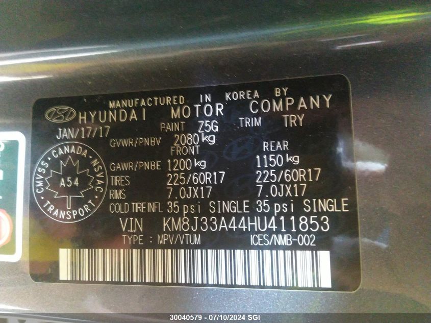 2017 Hyundai Tucson Limited/Sport And Eco/Se VIN: KM8J33A44HU411853 Lot: 30040579