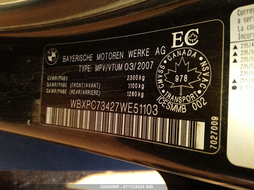 2007 BMW X3 VIN: WBXPC73427WE51103 Lot: 30040999