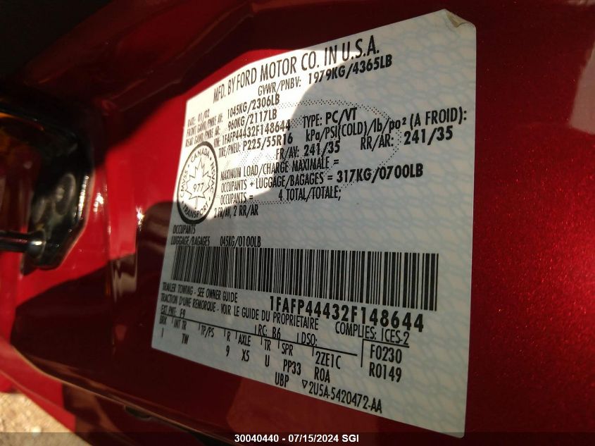 2002 Ford Mustang VIN: 1FAFP44432F148644 Lot: 30040440