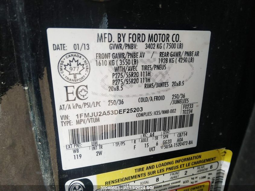 2013 Ford Expedition Limited VIN: 1FMJU2A53DEF25203 Lot: 30040883