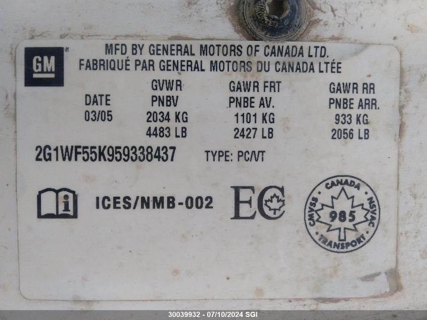 2005 Chevrolet Impala VIN: 2G1WF55K959338437 Lot: 30039932