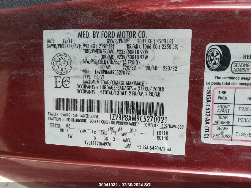 2012 Ford Mustang VIN: 1ZVBP8AM9C5270921 Lot: 30041032