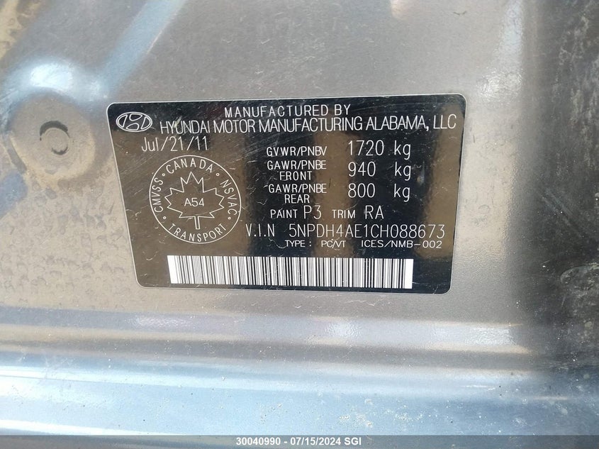 2012 Hyundai Elantra Gls/Limited VIN: 5NPDH4AE1CH088673 Lot: 30040990