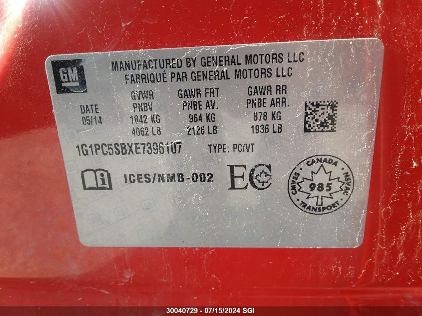 2014 Chevrolet Cruze Lt VIN: 1G1PC5SBXE7396107 Lot: 30040729