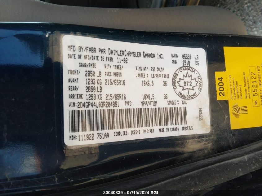 2003 Dodge Grand Caravan Sport VIN: 2D4GP44L03R204851 Lot: 30040839