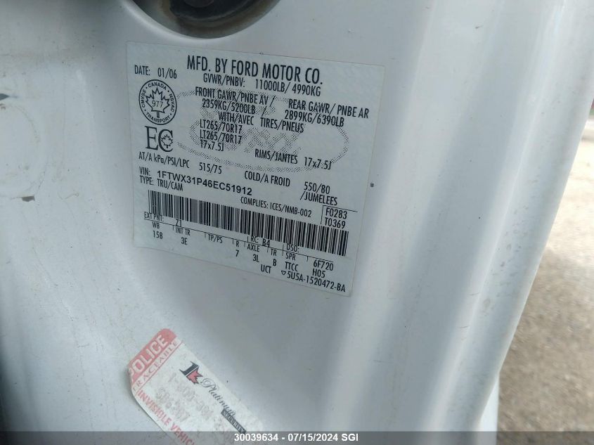 2006 Ford F350 Srw Super Duty VIN: 1FTWX31P46EC51912 Lot: 30039634