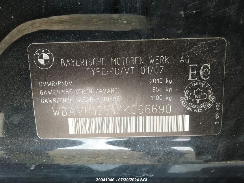 2007 BMW 323 I VIN: WBAVH13517KC96690 Lot: 30041040