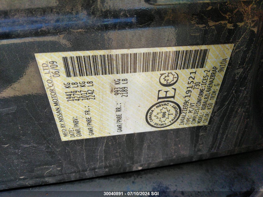 2009 Nissan Altima 2.5/2.5S VIN: 1N4AL21E09C191521 Lot: 30040891