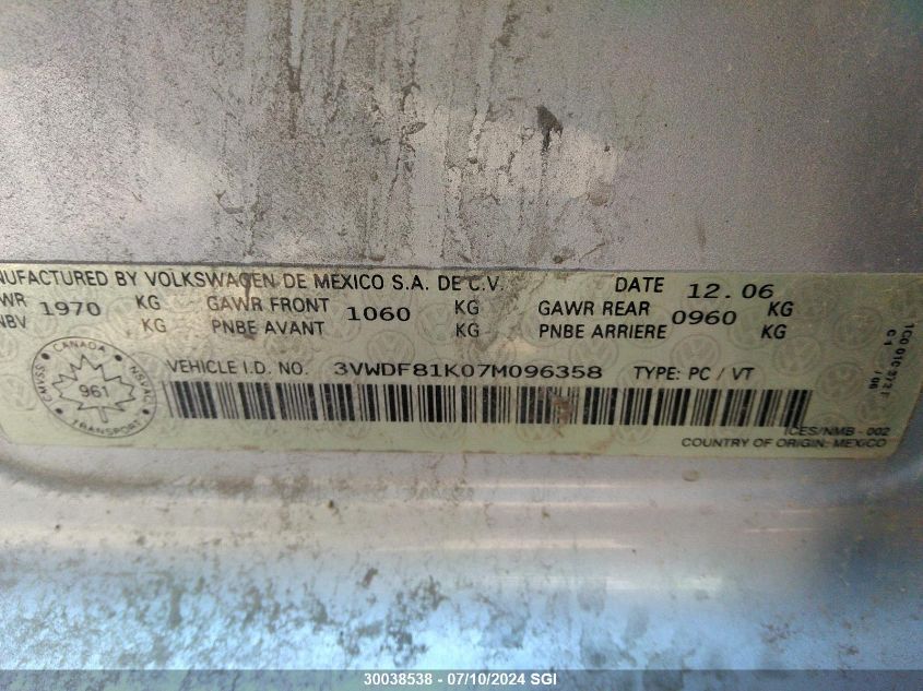 2007 Volkswagen Jetta 2.5 Option Package 2 VIN: 3VWDF81K07M096358 Lot: 30038538