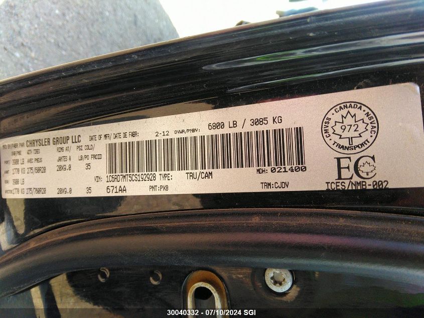 2012 Dodge Ram 1500 Sport VIN: 1C6RD7MT5CS192928 Lot: 30040332