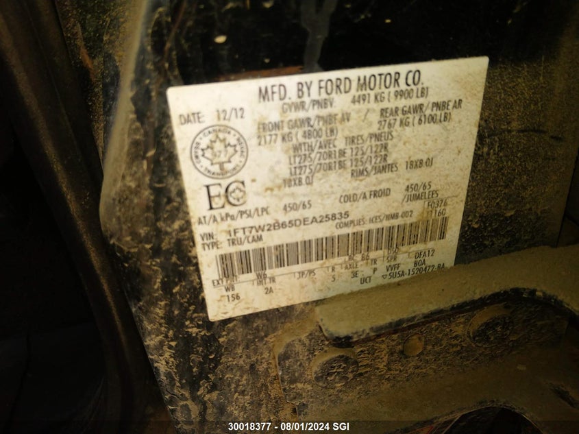 2013 Ford F250 Super Duty VIN: 1FT7W2B65DEA25835 Lot: 30018377