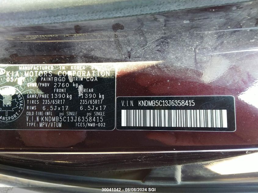 2018 Kia Sedona Lx VIN: KNDMB5C13J6358415 Lot: 30041042