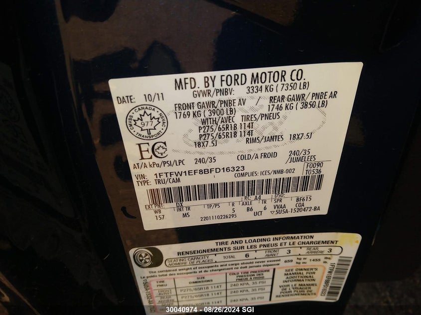 2011 Ford F150 Supercrew VIN: 1FTFW1EF8BFD16323 Lot: 30040974