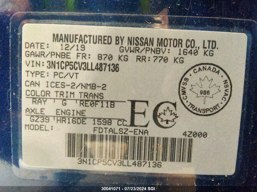 2020 Nissan Kicks Sv VIN: 3N1CP5CV3LL487136 Lot: 30041071