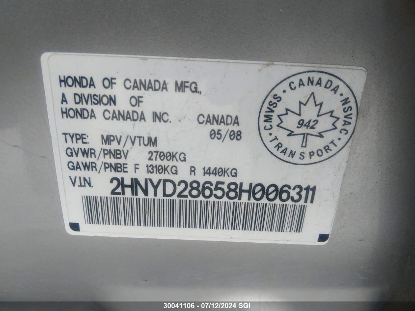 2008 Acura Mdx Technology VIN: 2HNYD28658H006311 Lot: 30041106