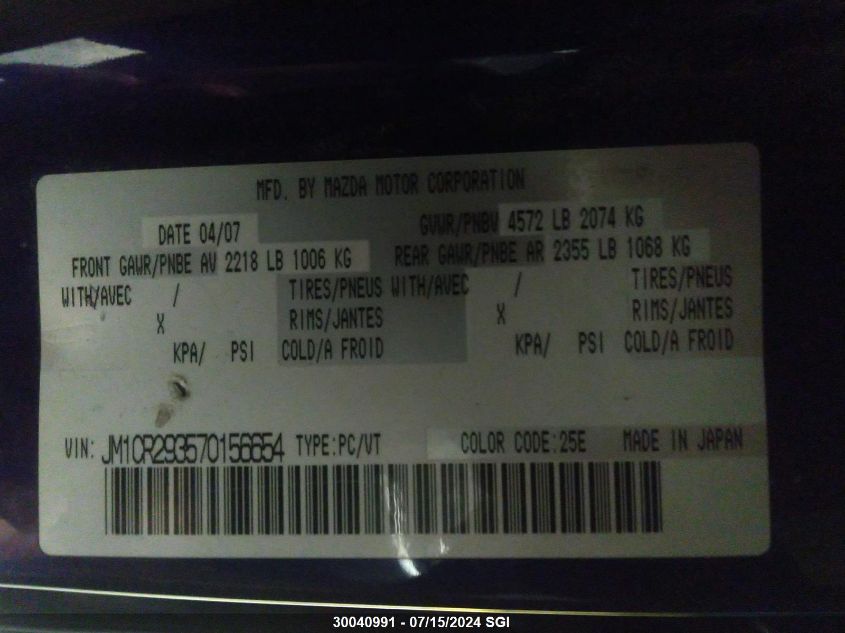 2007 Mazda 5 VIN: JM1CR293570156654 Lot: 30040991