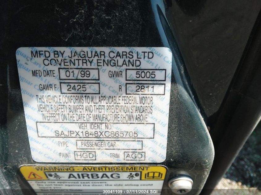 1999 Jaguar Xjr VIN: SAJPX1848XC865705 Lot: 30041109
