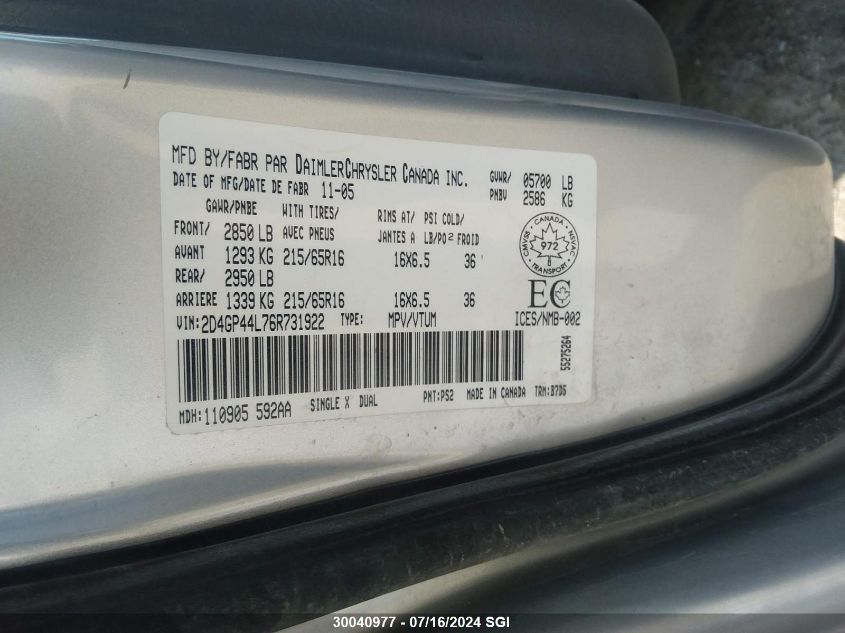 2006 Dodge Grand Caravan Sxt VIN: 2D4GP44L76R731922 Lot: 30040977