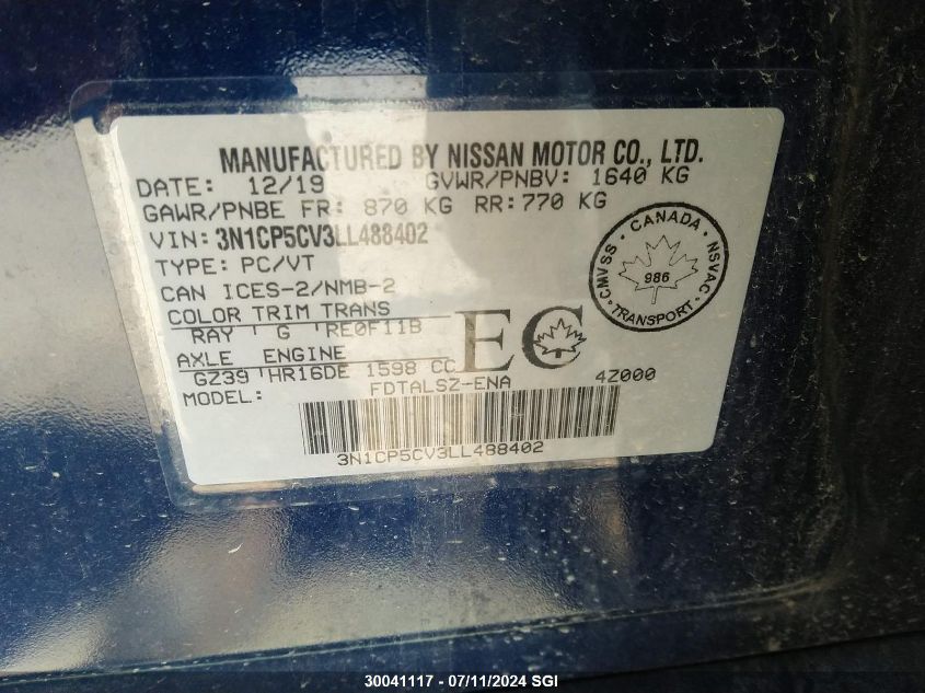 2020 Nissan Kicks Sv VIN: 3N1CP5CV3LL488402 Lot: 30041117