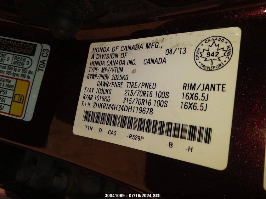 2013 Honda Cr-V Lx VIN: 2HKRM4H34DH119678 Lot: 30041069