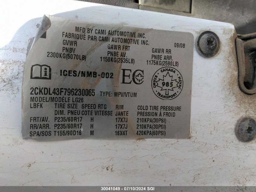 2009 Pontiac Torrent VIN: 2CKDL43F796230065 Lot: 30041049