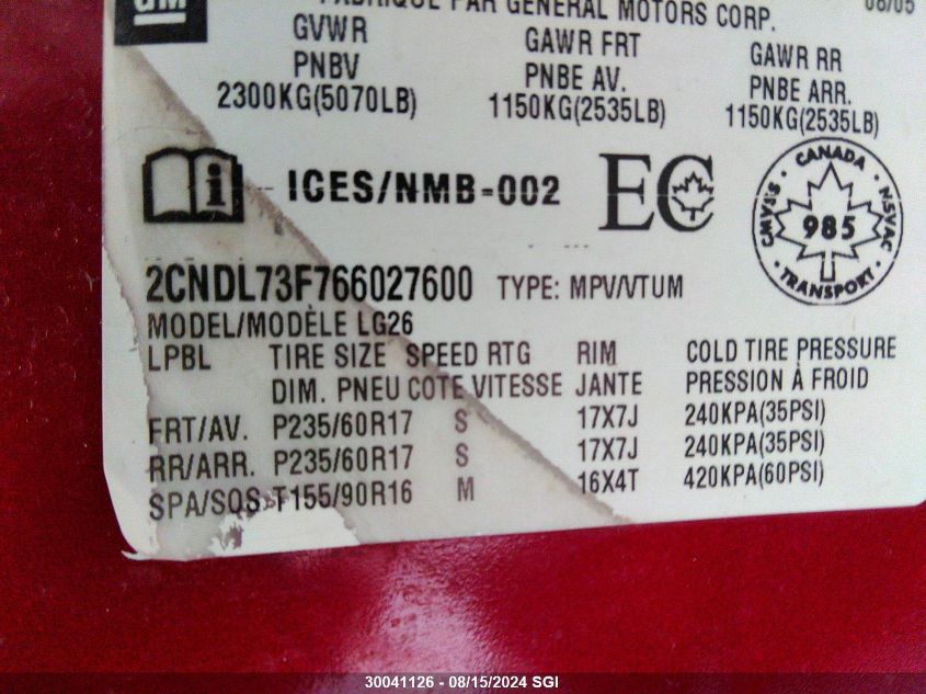 2006 Chevrolet Equinox Lt VIN: 2CNDL73F766027600 Lot: 30041126