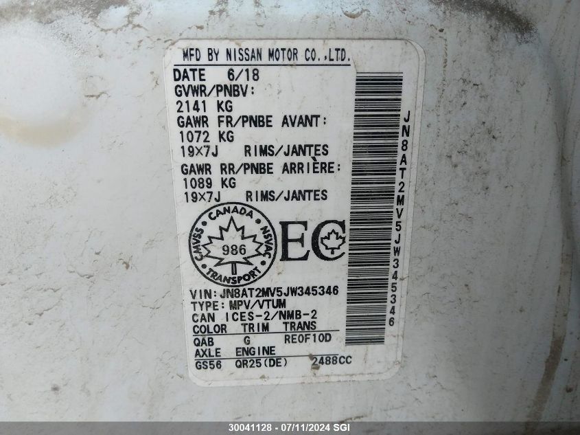 2018 Nissan Rogue S/Sl/Sv VIN: JN8AT2MV5JW345346 Lot: 30041128