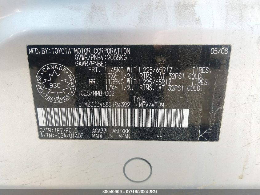 2008 Toyota Rav4 VIN: JTMBD33V685194392 Lot: 30040909