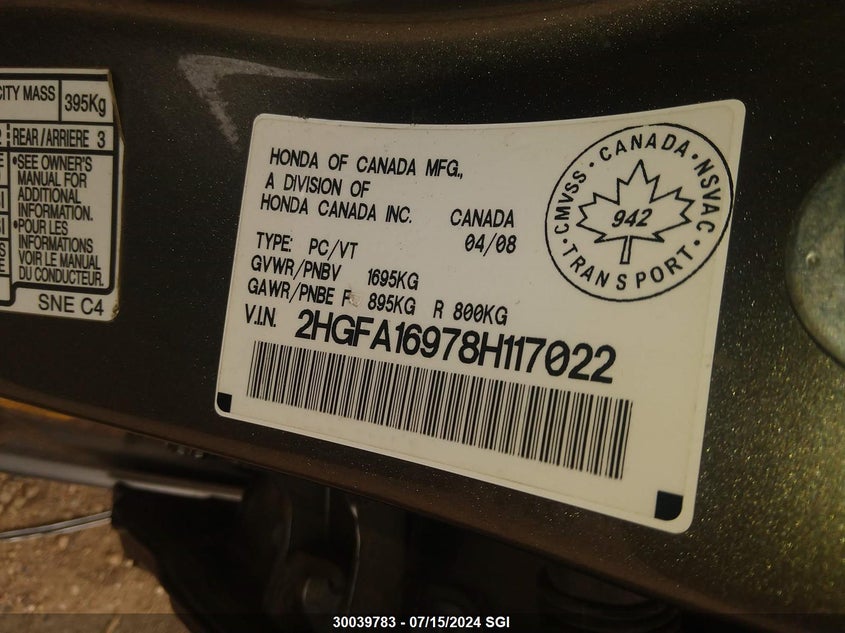 2008 Honda Civic Exl VIN: 2HGFA16978H117022 Lot: 30039783