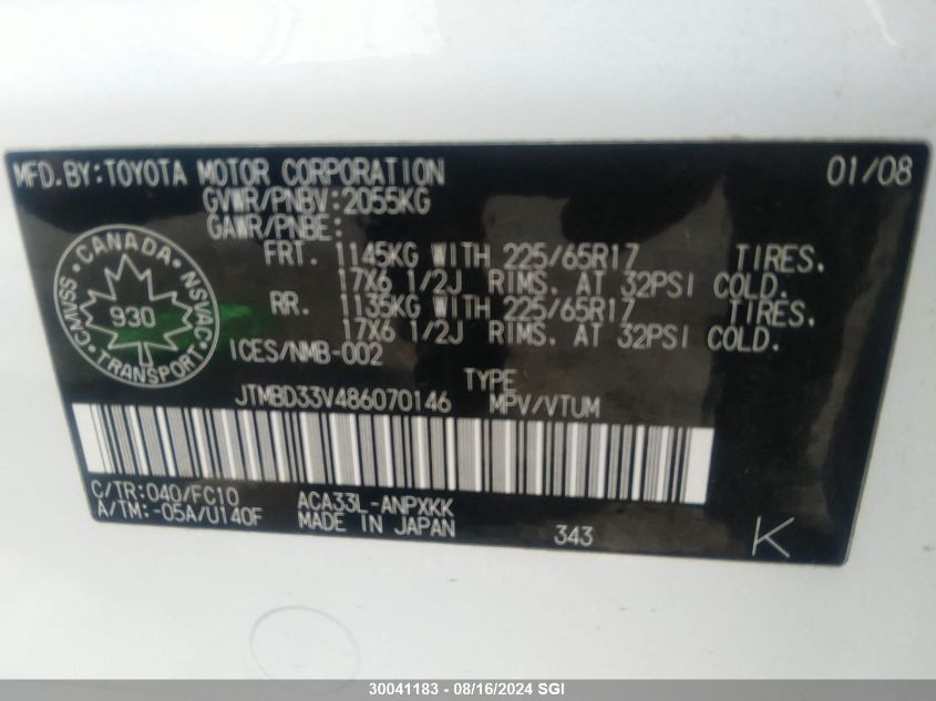 2008 Toyota Rav4 VIN: JTMBD33V486070146 Lot: 30041183