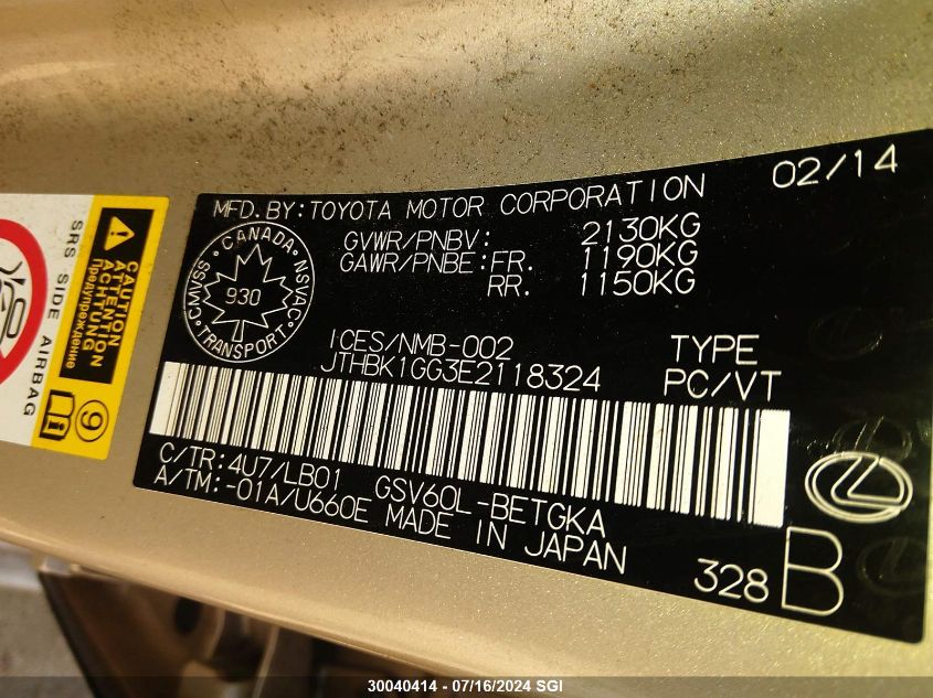 2014 Lexus Es 350 VIN: JTHBK1GG3E2118324 Lot: 30040414