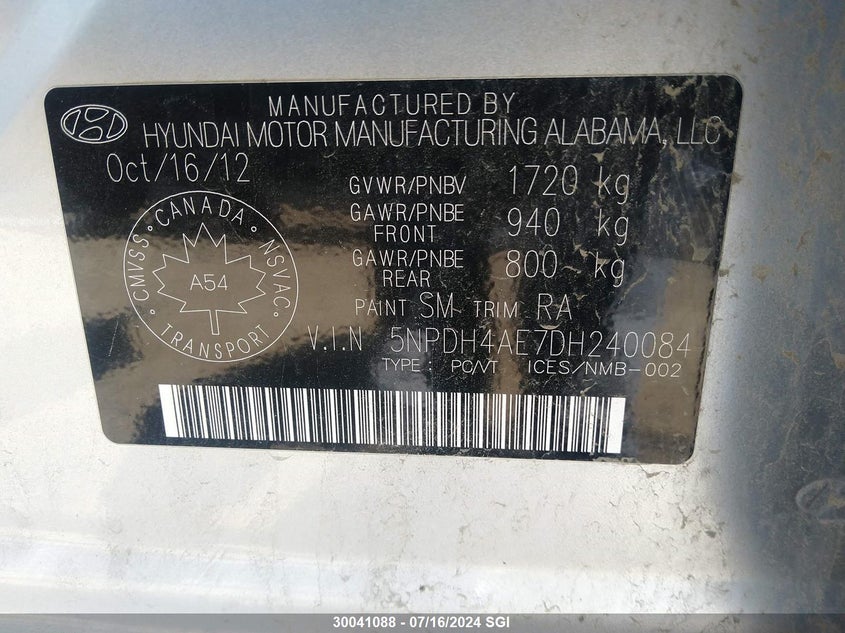 2013 Hyundai Elantra Gls/Limited VIN: 5NPDH4AE7DH240084 Lot: 30041088