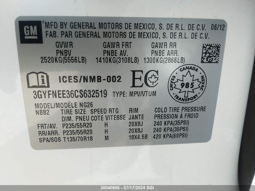 2012 Cadillac Srx Performance Collection VIN: 3GYFNEE36CS632519 Lot: 30040906