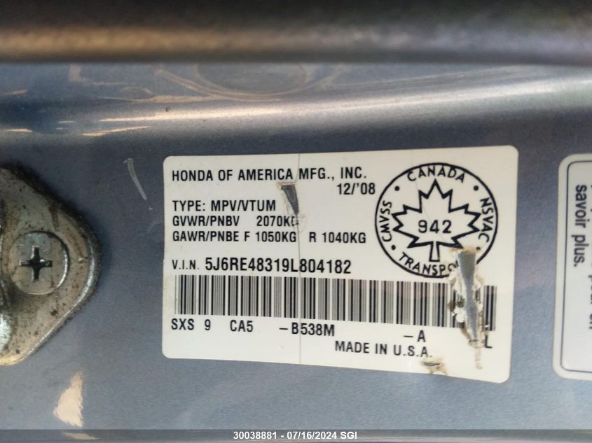 2009 Honda Cr-V Lx VIN: 5J6RE48319L804182 Lot: 30038881