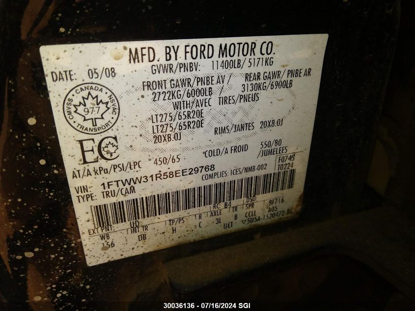 2008 Ford F350 Srw Super Duty VIN: 1FTWW31R58EE29768 Lot: 30036136