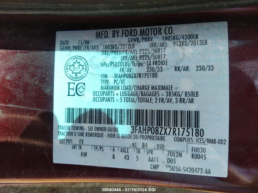 2007 Ford Fusion Sel VIN: 3FAHP08ZX7R175180 Lot: 30040444