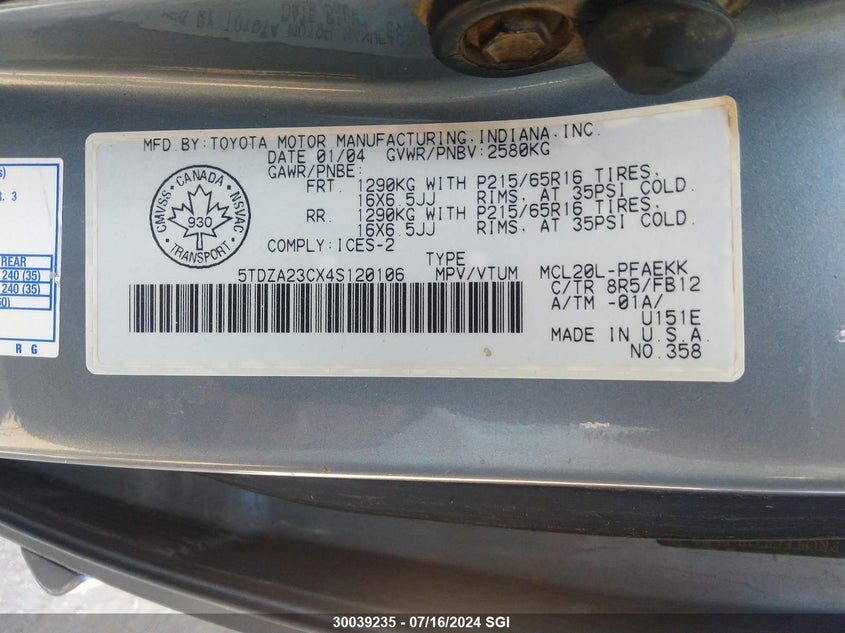 2004 Toyota Sienna Ce/Le VIN: 5TDZA23CX4S120106 Lot: 30039235