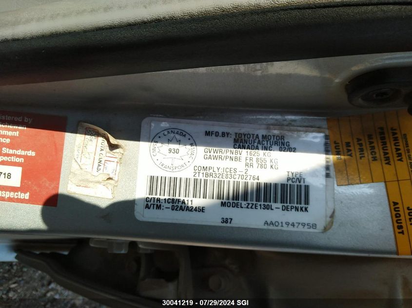 2003 Toyota Corolla Ce/Le/S VIN: 2T1BR32E83C702764 Lot: 30041219