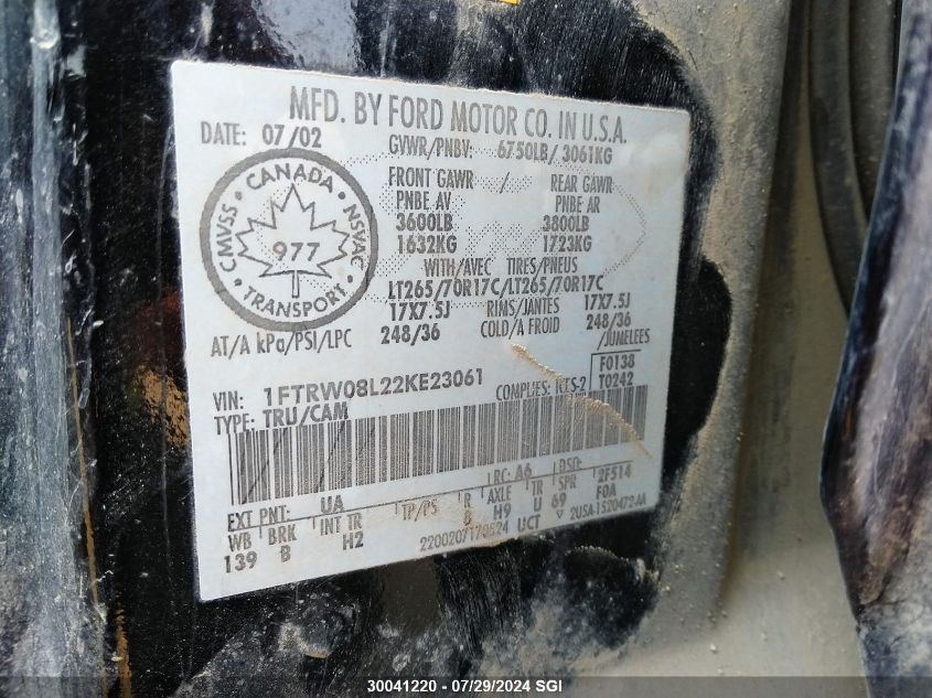 2002 Ford F150 Supercrew VIN: 1FTRW08L22KE23061 Lot: 30041220
