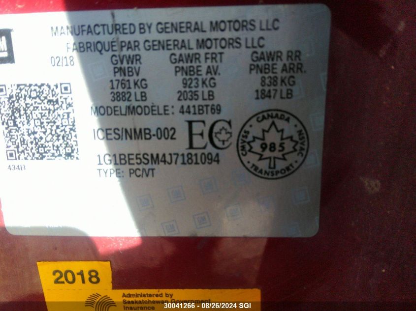 2018 Chevrolet Cruze Lt VIN: 1G1BE5SM4J7181094 Lot: 30041266