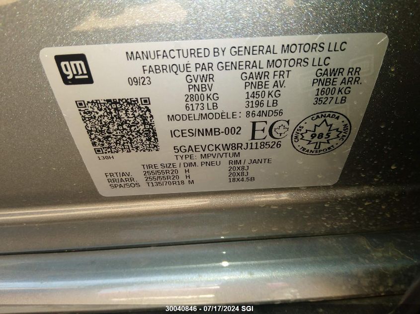 2024 Buick Enclave Avenir VIN: 5GAEVCKW8RJ118526 Lot: 30040846