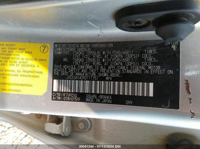 2009 Toyota Highlander VIN: JTEES41A292111757 Lot: 30041244