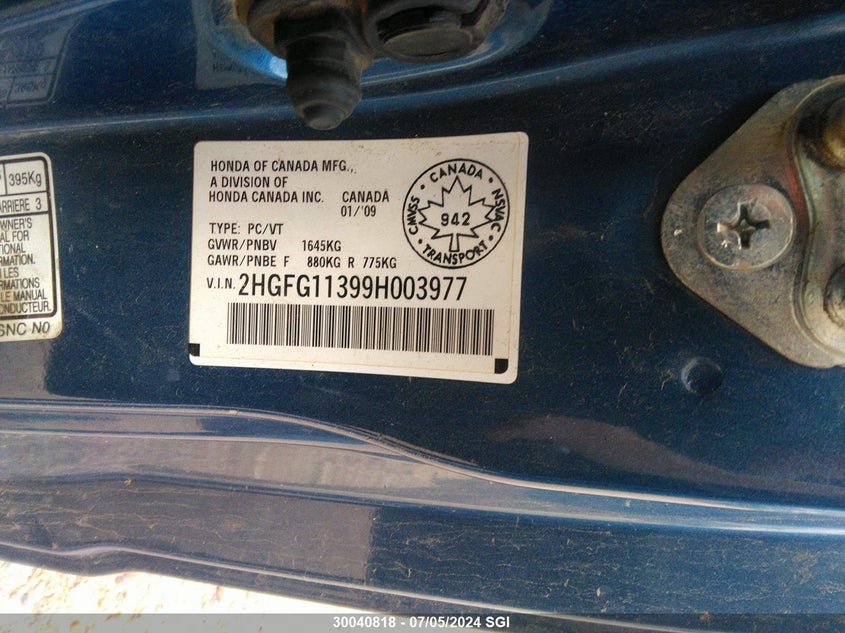 2009 Honda Civic Dx-G VIN: 2HGFG11399H003977 Lot: 30040818