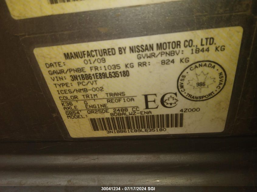 2009 Nissan Sentra Se-R VIN: 3N1BB61E89L635180 Lot: 30041234