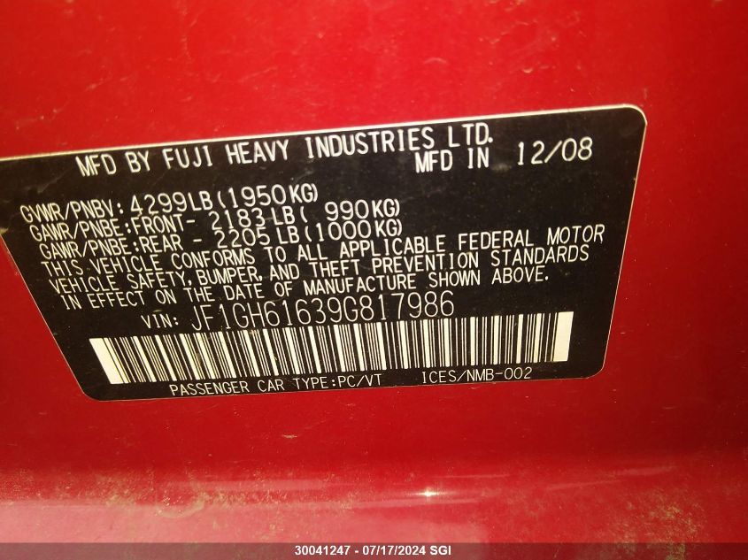 2009 Subaru Impreza 2.5I VIN: JF1GH61639G817986 Lot: 30041247