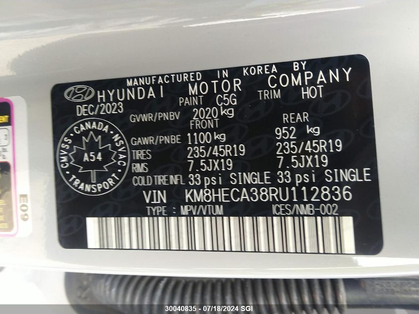 2024 Hyundai Kona 1.6T N Line Ultimate VIN: KM8HECA38RU112836 Lot: 30040835