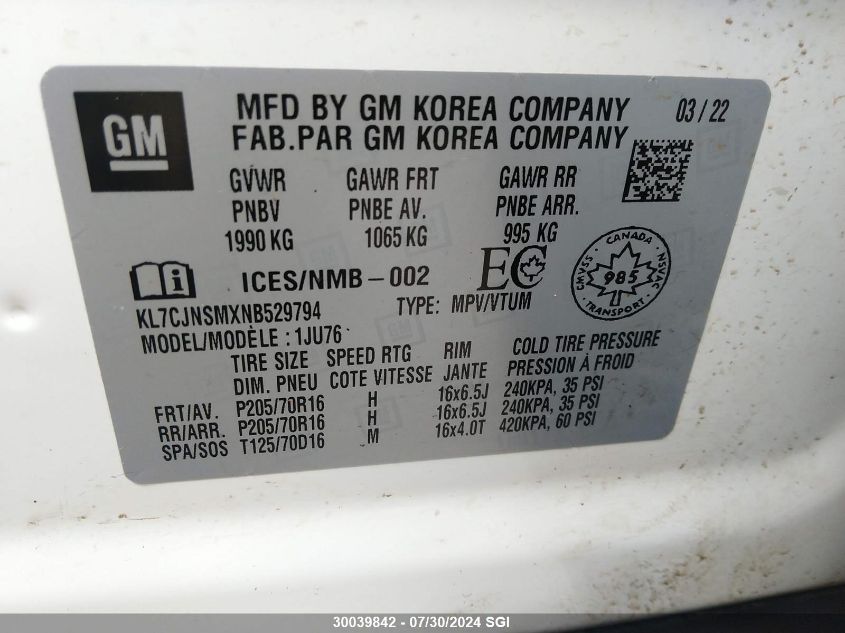 2022 Chevrolet Trax Ls VIN: KL7CJNSMXNB529794 Lot: 30039842