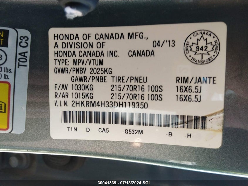 2013 Honda Cr-V Lx VIN: 2HKRM4H33DH119350 Lot: 30041339