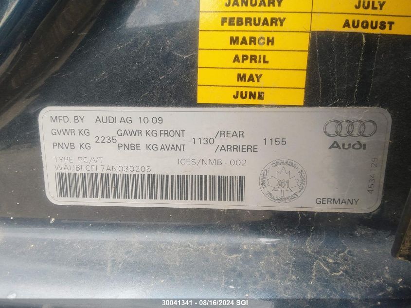 2010 Audi A4 Premium VIN: WAUBFCFL7AN030205 Lot: 30041341